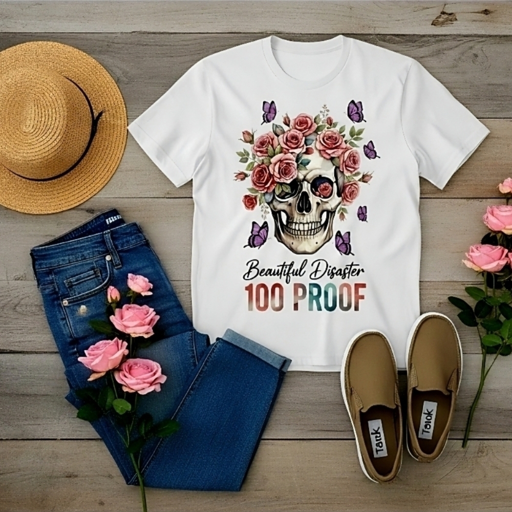 Beautiful Disaster Skull Rose Graphic Tee • 100 Proof Butterfly Shirt • Edgy